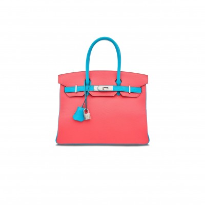 HERMES MASTER BIRKIN 30 EPSOM LIPSTICK PINK AND MACAROON BLUE SILVER BUCKLE H028369CK20 (30*23*15cm)